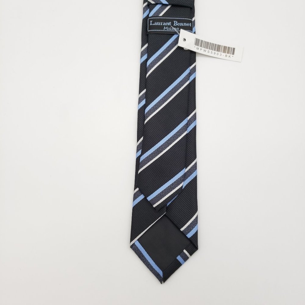 Laurant Bennet Milano Men's Dress Skinny Neck Tie Black Blue Stripe 57"L 2 1/8"W - Picture 4 of 8